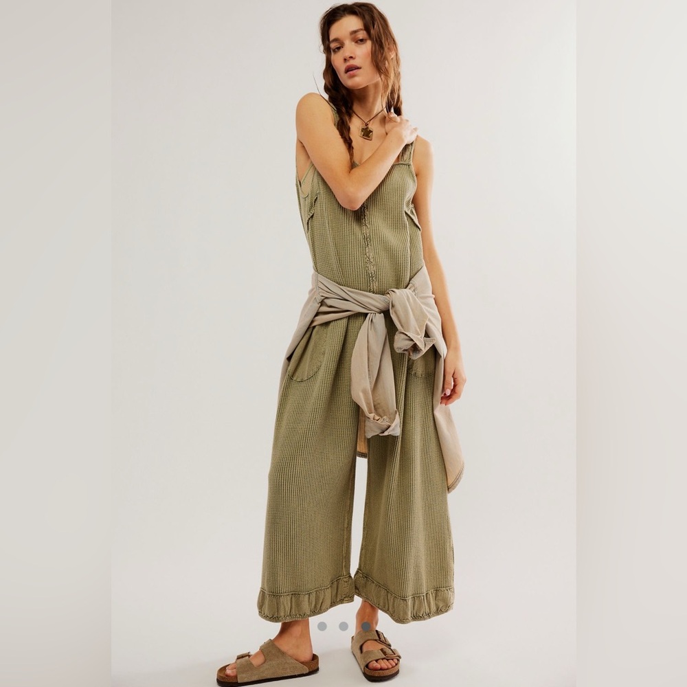 Free People Olive Green Waffle Knit Jumpsuit - Picture 3 of 6